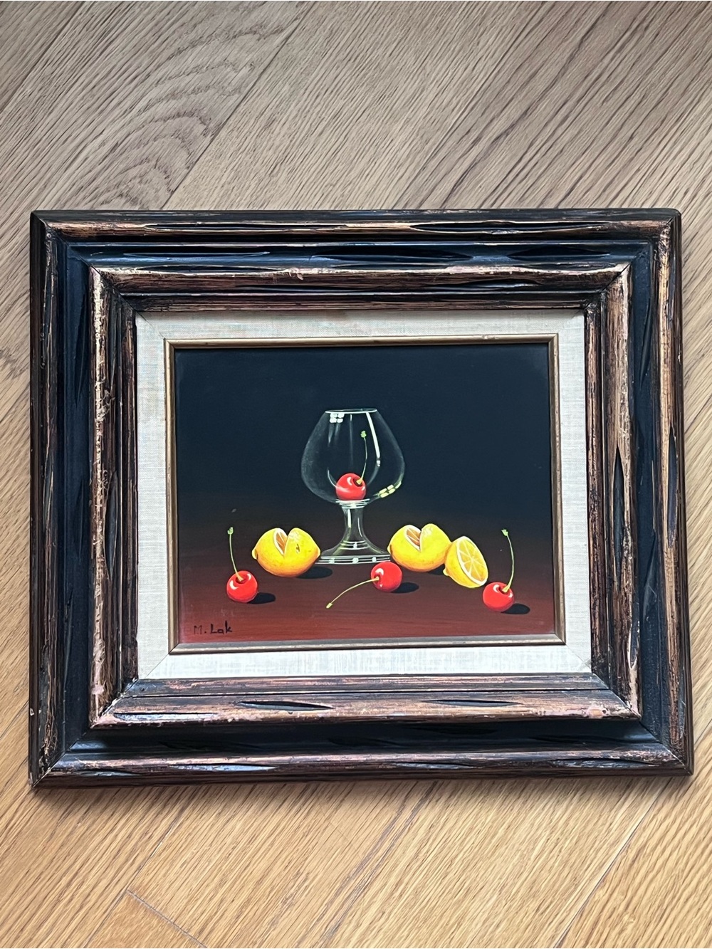 Vintage Maria M. Lak Original Oil Painting Cherries Citrus Still Life Framed